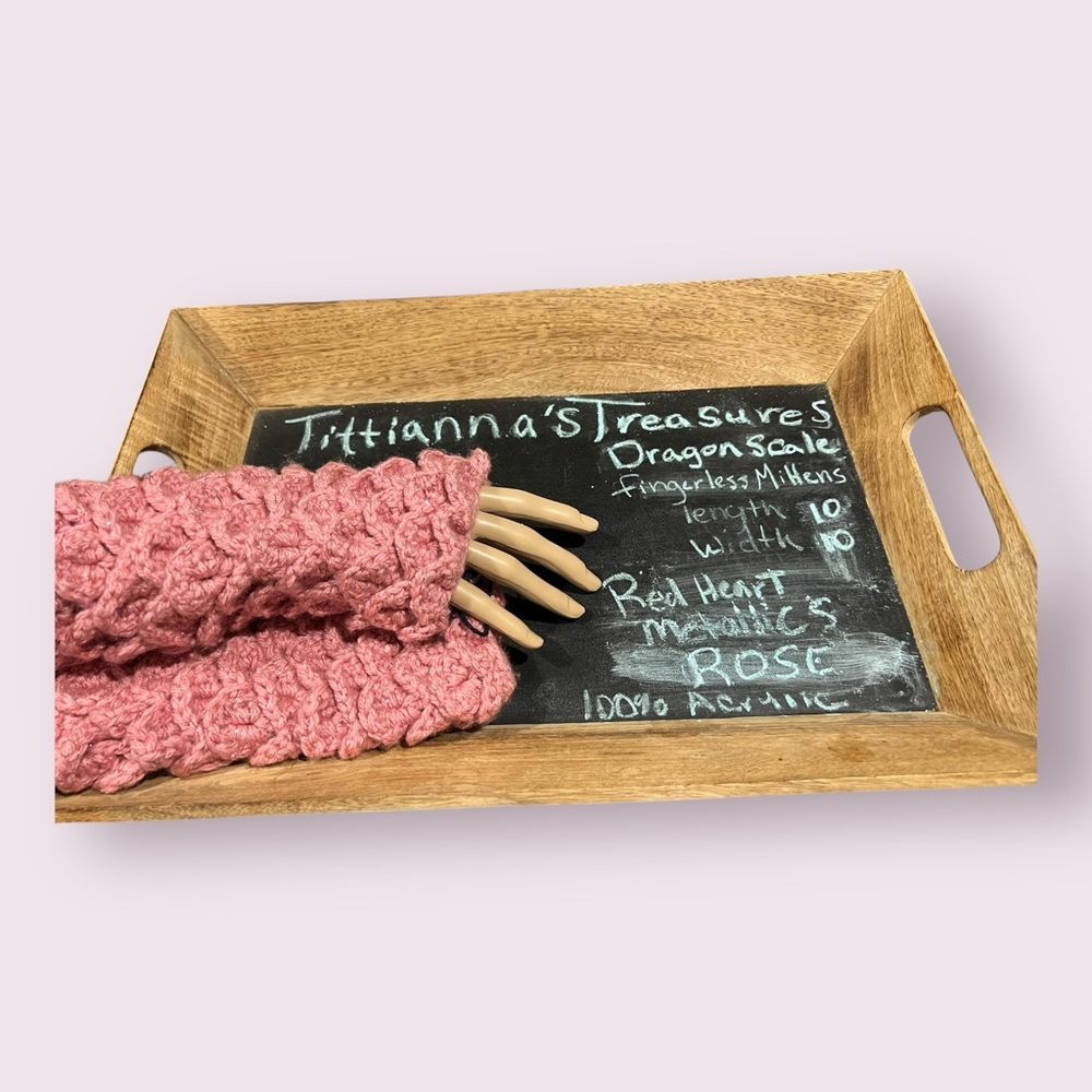 Crochet Dragon Scale Fingerless Mittens - Red Heart Metallics Rose